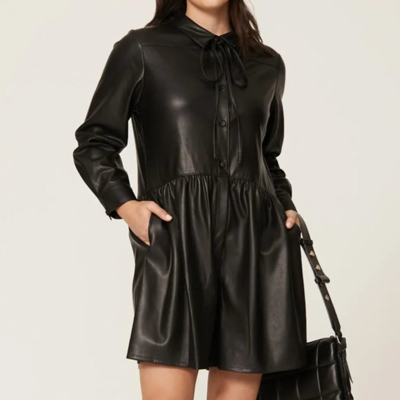 Rebecca Taylor Vegan Leather Romper Black Button Up Zip One Piece Size 10 - Picture 1 of 8